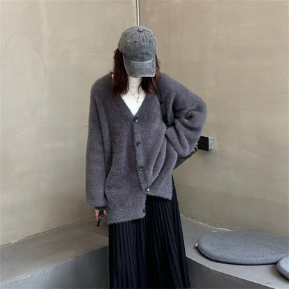 Damen Flauschcardigan Weit mit Knöpfen Beige