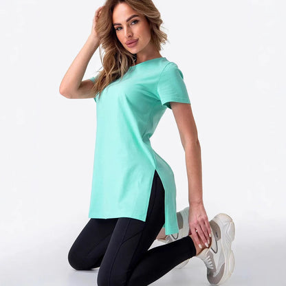 Damen Longline T-Shirt mit Schlitzen Hochwertiges Baumwoll-Material