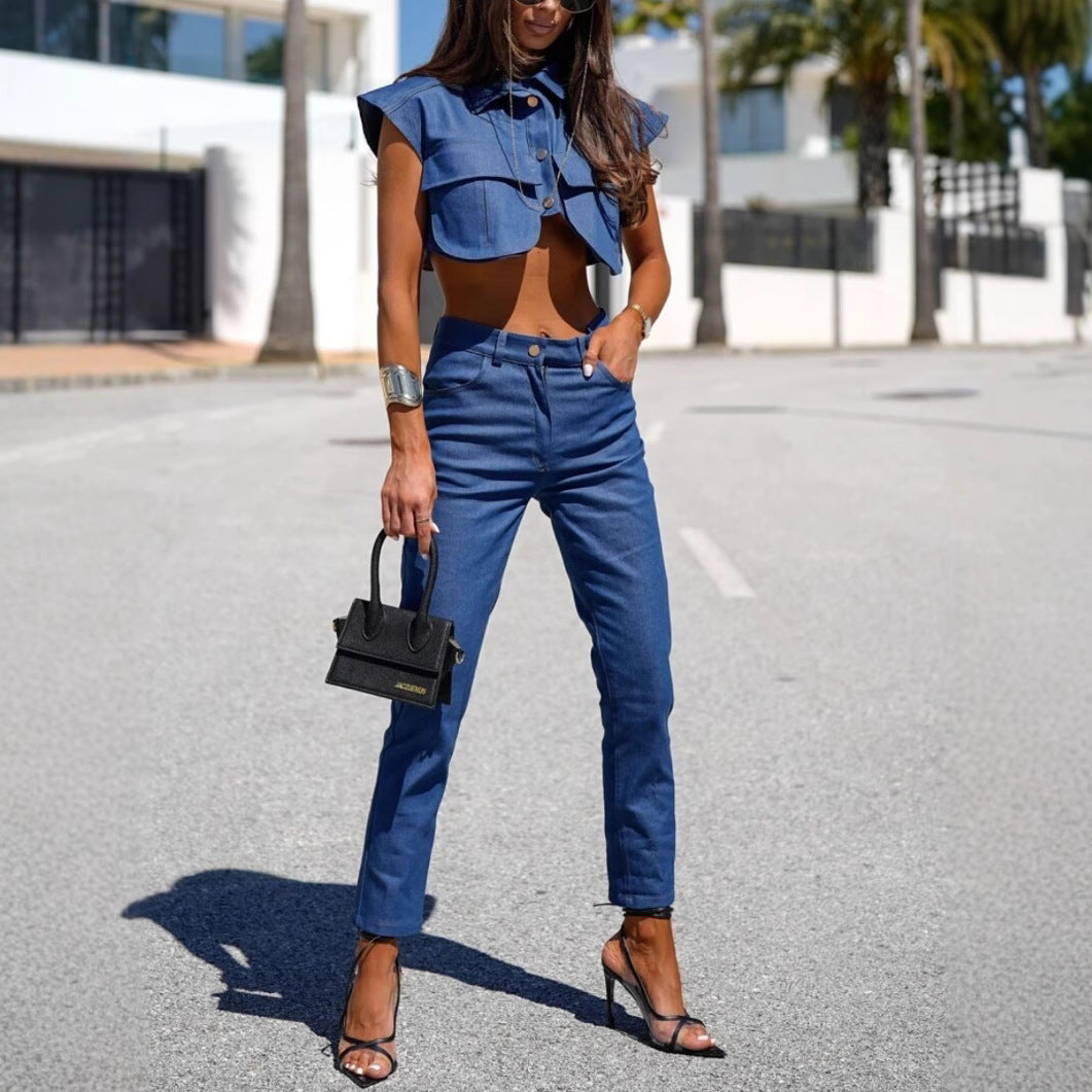Damen Denim Crop- Weites Design Blau - Eveloria
