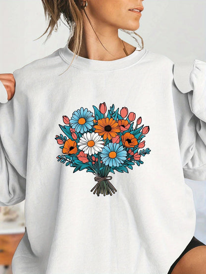 Damen Oversized Sweatshirt Florale Grafikdetails Grau