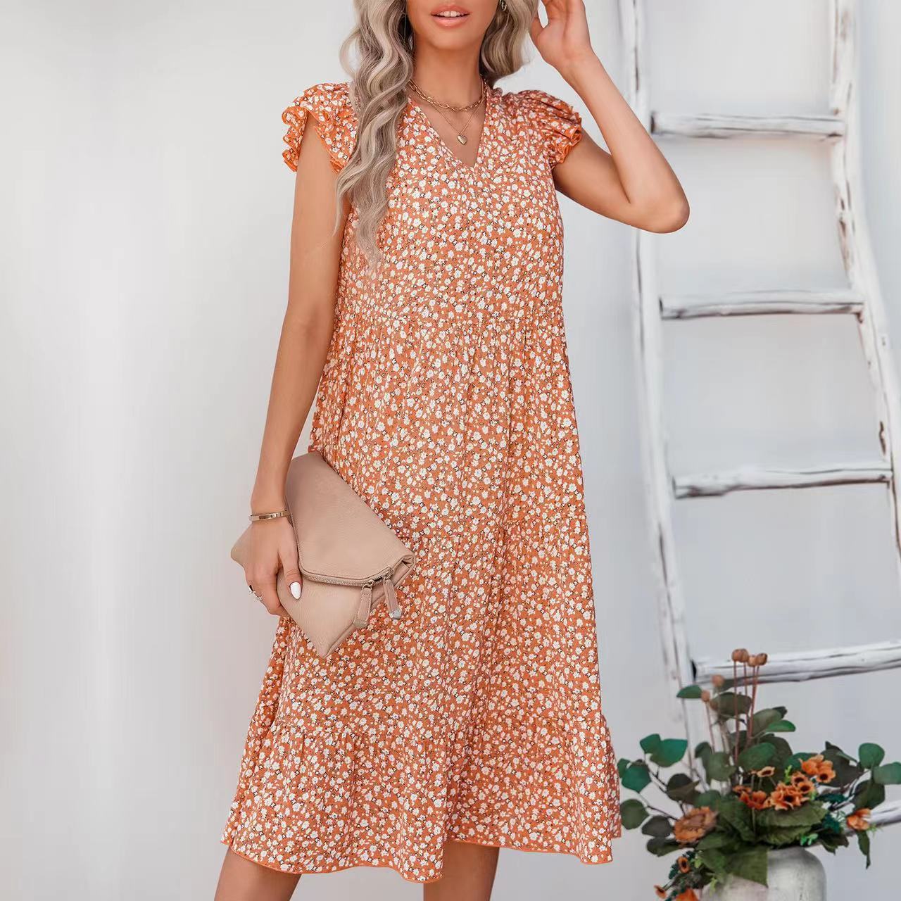 Damen A-Linien Kleid Rüschenärmel Floralmuster Eveloria