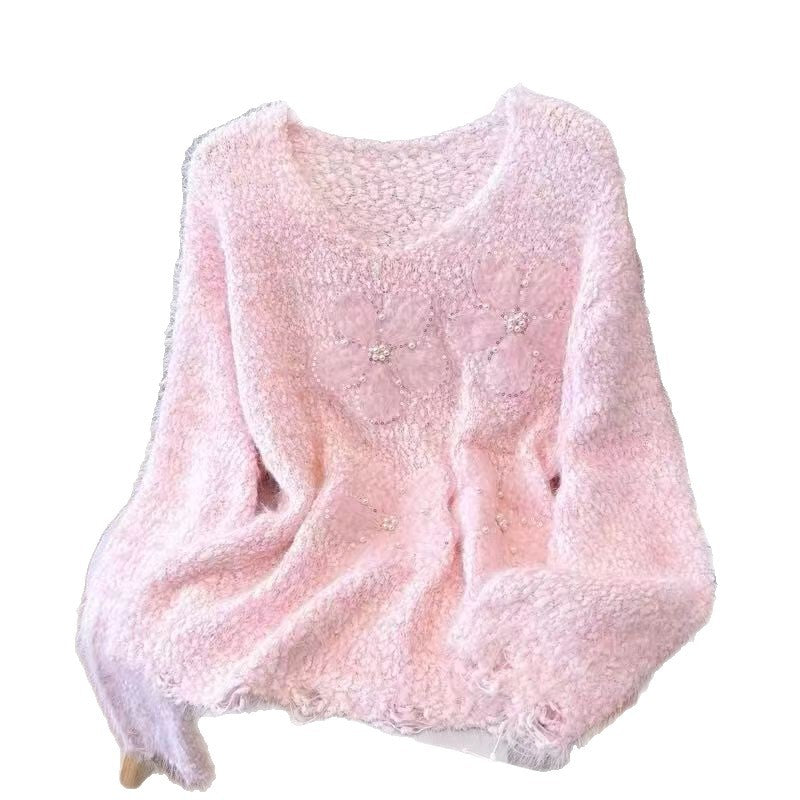 Damen Pullover Kuschelfleece Floralmuster Beige