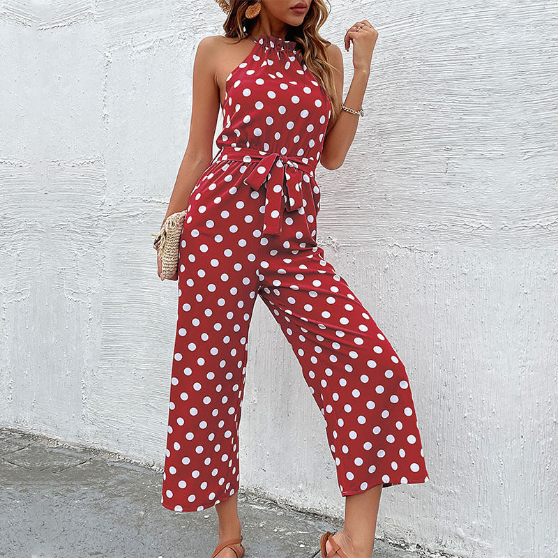 Damen Jumpsuit Moderner Punkte Look Verspielter Gürtel