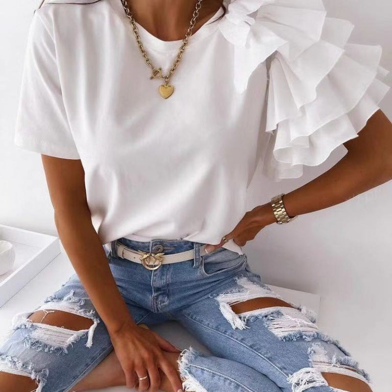 Damen T-Shirt Rüschendetails Trend Elegant Weiß