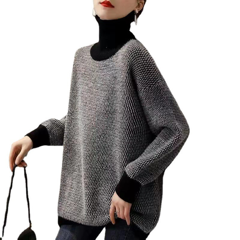 Damen Grobstrickpullover Hochkragen Modernes Muster Eveloria
