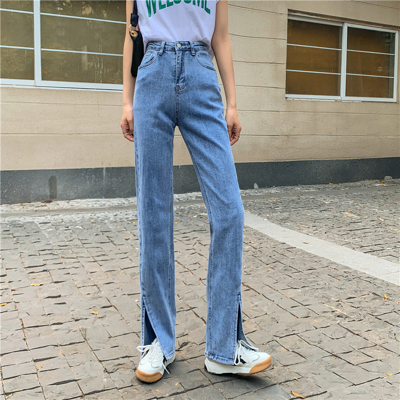 Damen Hochtaillierte Denimhose Seitenschlitze Blau Eveloria