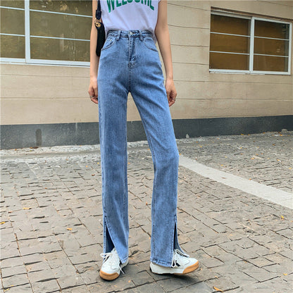 Damen Hochtaillierte Denimhose Seitenschlitze Blau Eveloria