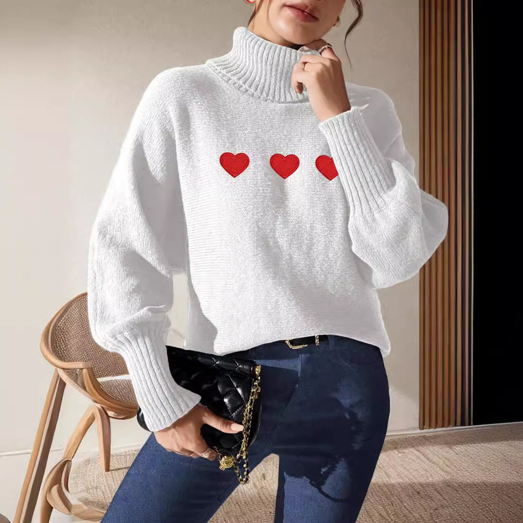 Damen Pullover Hochkragen Herzapplikationen Eveloria