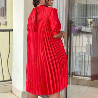 Damen Plissee-Kleid mit Bindeband und Halbärmeln
