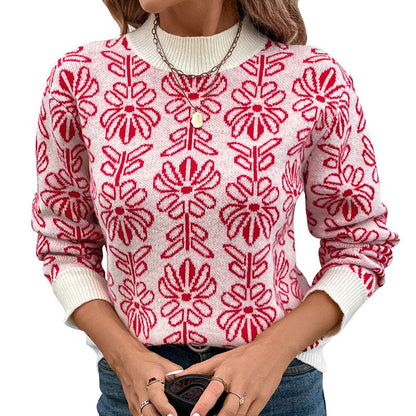 Damen Strickpullover Floralmuster Stehkragen