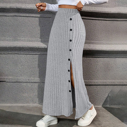 Damen Maxi-Rock Strick mit Knöpfen und Seitenschlitz