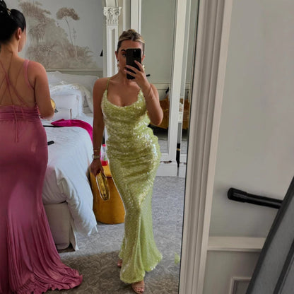 Damen Maxikleid Pailletten Schnitt Spaghettiträger Eveloria