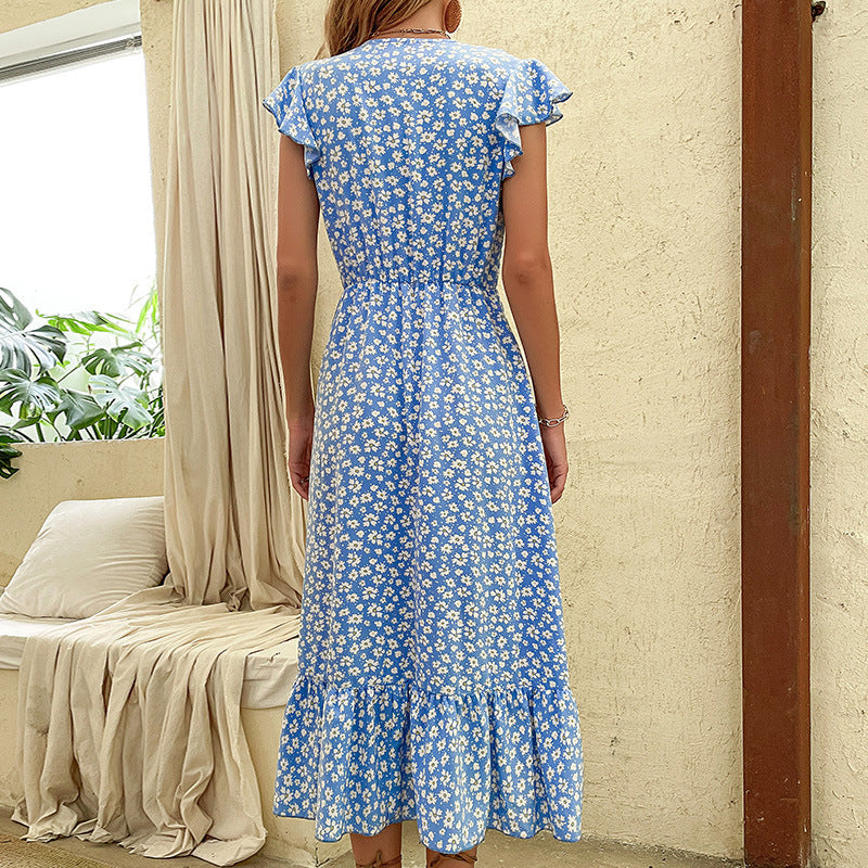 Damen Maxikleid Florale Rüschendetails Taillierbarer Gürtel