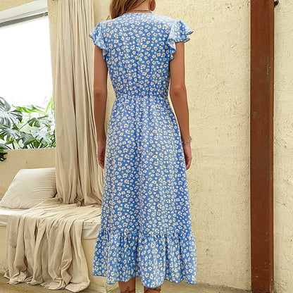 Damen Maxikleid Florale Rüschendetails Taillierbarer Gürtel