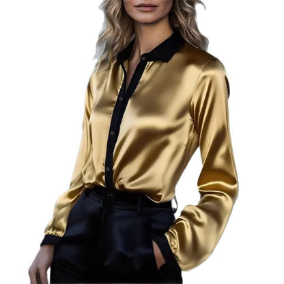 Eveloria Damen Satinbluse Kontrastkragen
