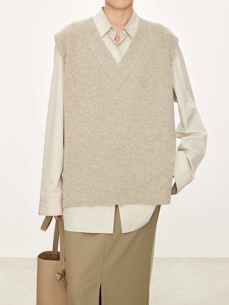 Damen Strickweste V-Ausschnitt Leichter Schnitt Beige