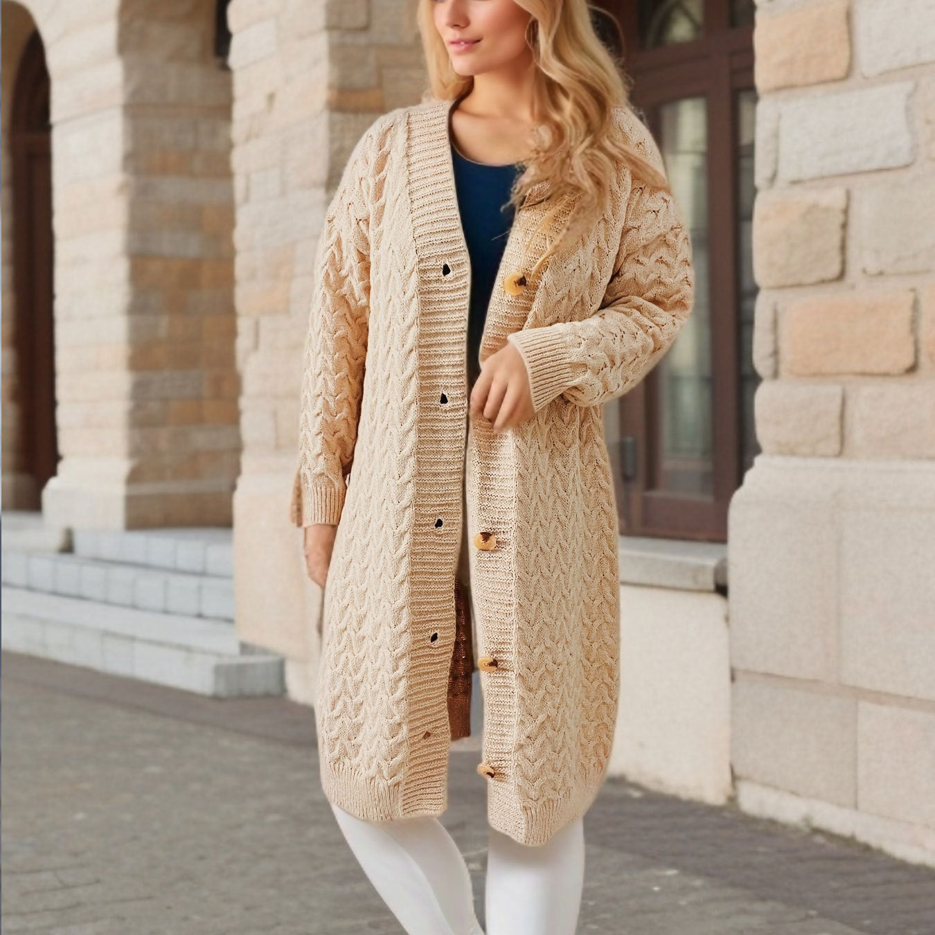 Damen Strickjacke Zopfmuster Große Knöpfe Eveloria - Eveloria