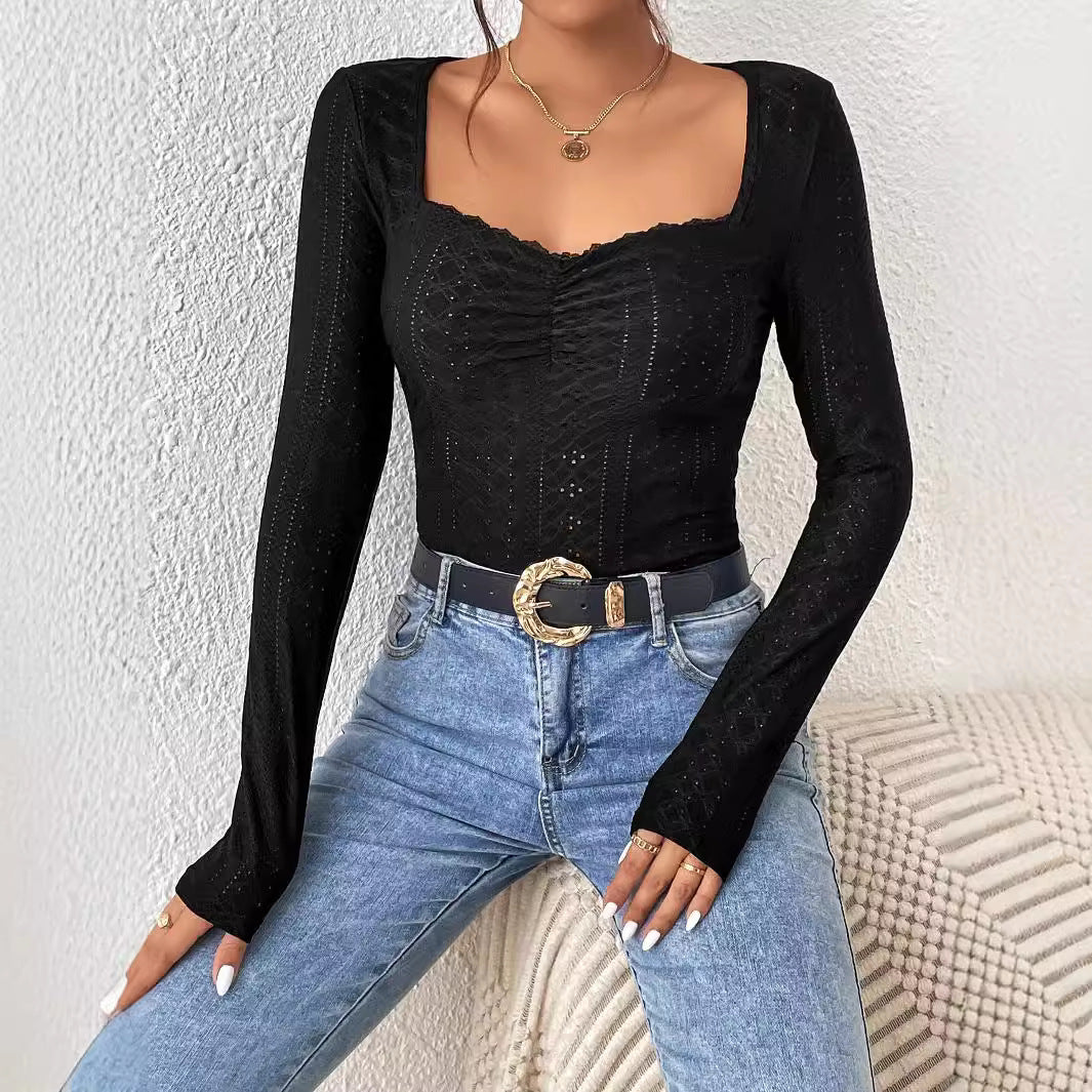 Damen Langarm-Bodysuit Quadratischer Ausschnitt Rüschen