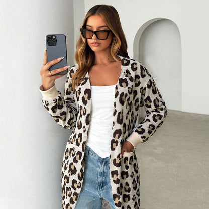 Damen Cardigan Leopardenmuster Baumwolle Taschen Beige - Eveloria