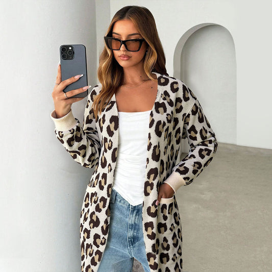 Damen Cardigan Leopardenmuster Baumwolle Taschen Beige - Eveloria
