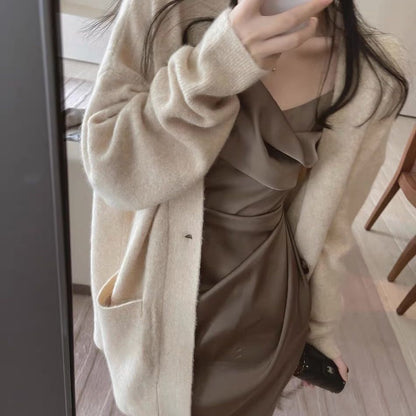 Damen Strickjacke Großes Modell Mit Taschen Kuschelig Beige