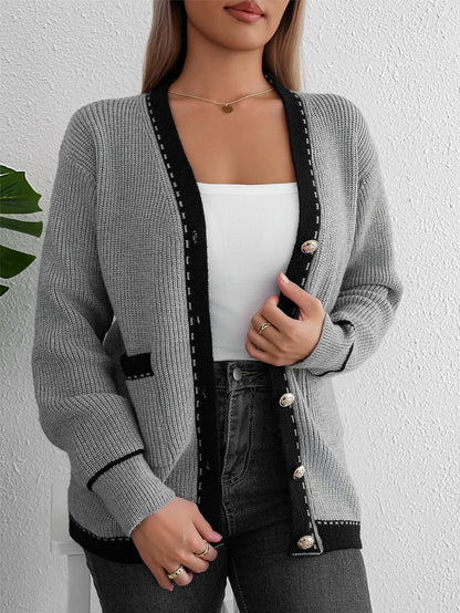 Damen Strickjacke Strukturiertes Muster Goldene Knöpfe Beige