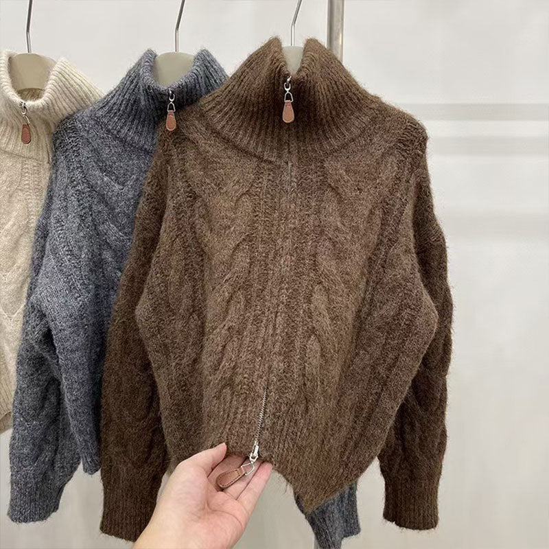 Damen Grobstrickpullover Hochkragen Dekorativer Reißverschluss