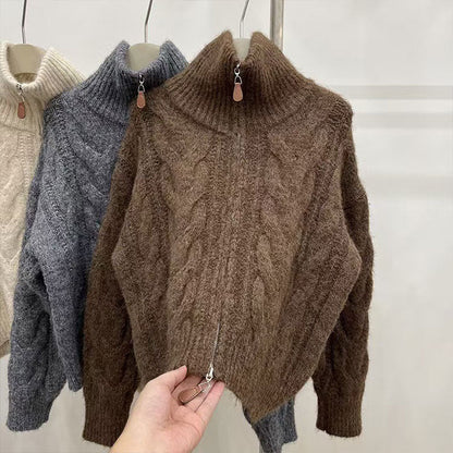 Damen Grobstrickpullover Hochkragen Dekorativer Reißverschluss