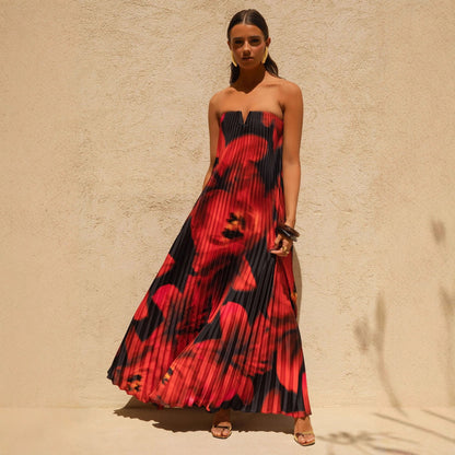 Damen Plisseekleid Trägerlos Floralmuster Eveloria