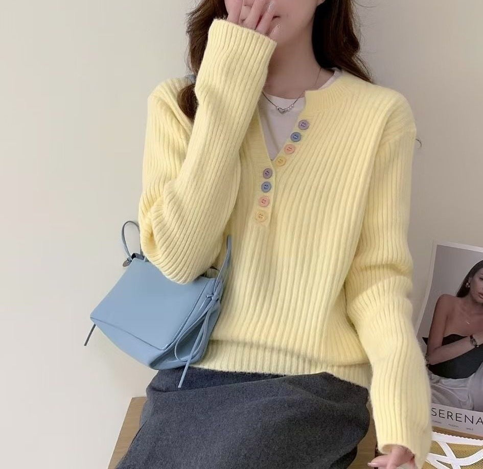 Damen Kuschel-Pullover Rundhalsausschnitt Knopfleiste Eveloria