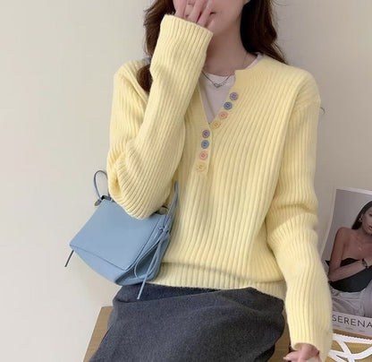 Damen Kuschel-Pullover Rundhalsausschnitt Knopfleiste Eveloria