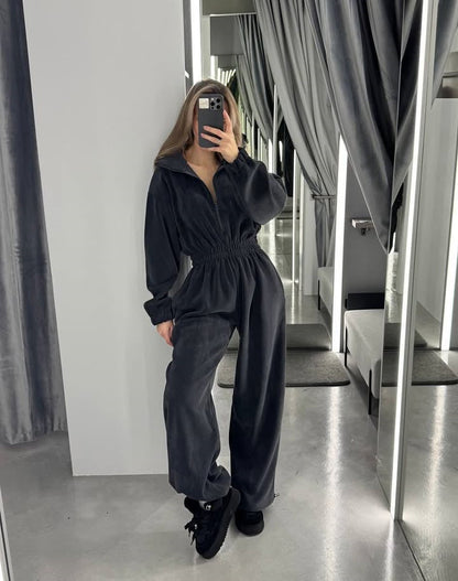 Damen Fleece-Jumpsuit mit Reißverschluss Elastisch Eveloria