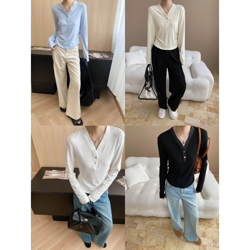 Damen Langarmshirt mit Knöpfen und lockerem Schnitt Eveloria