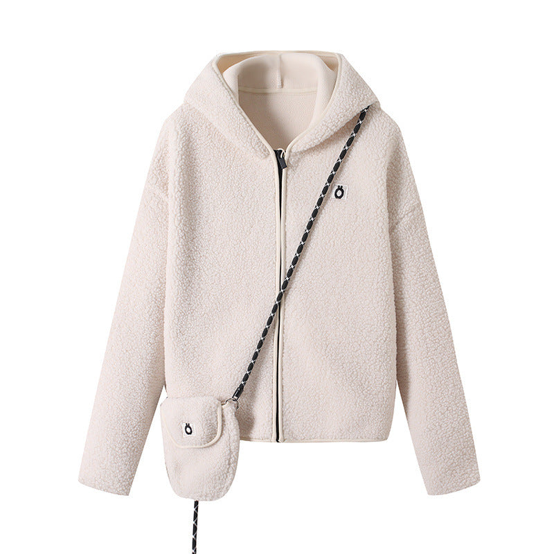 Damen Fleecejacke mit Kapuze und Umhängetasche Kuschelig Grau