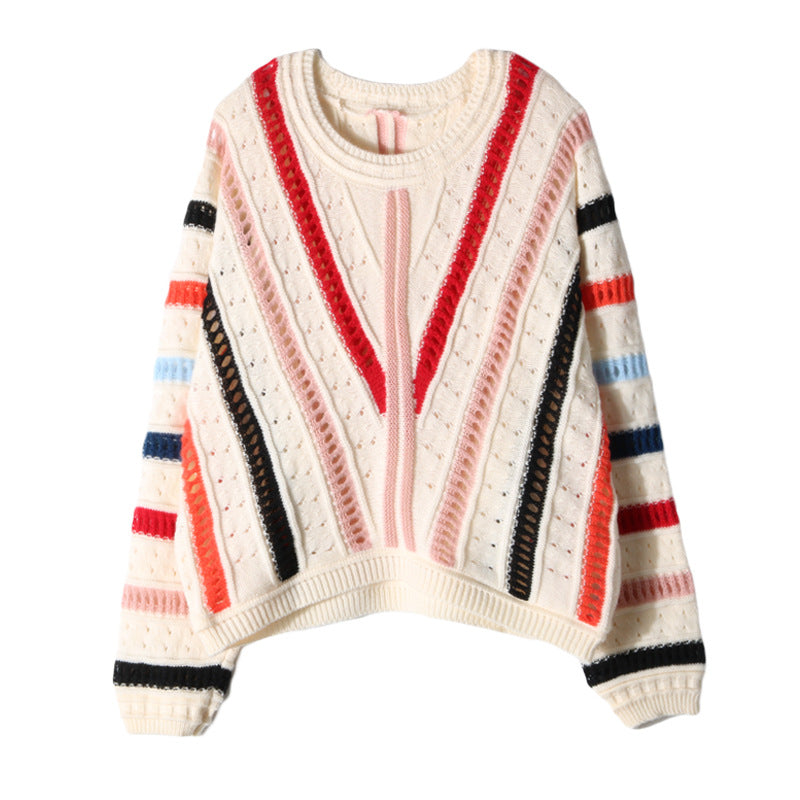 Damen Pullover V-Ausschnitt Strickdesign Bunt