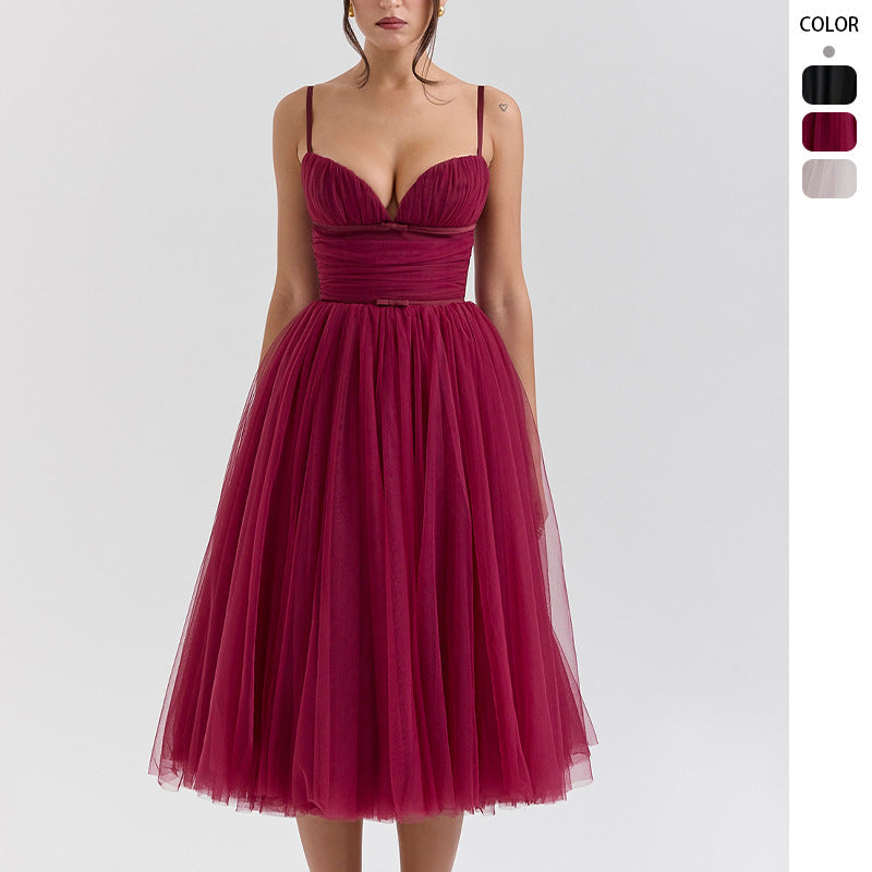 Damen Tüll Cocktailkleid V-Ausschnitt Taillengürtel Schwarz - Eveloria