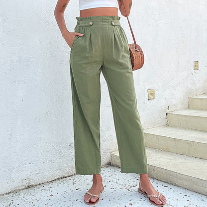 Damen Leinenhose Hohe Taille Dekorativ Schwarz - Eveloria