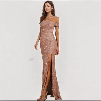 Damen Abendkleid Wickeloptik Hochschlitz Glitzer Effekt