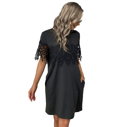 Damen Freizeitkleid Spitzenbesatz Taschen Eveloria