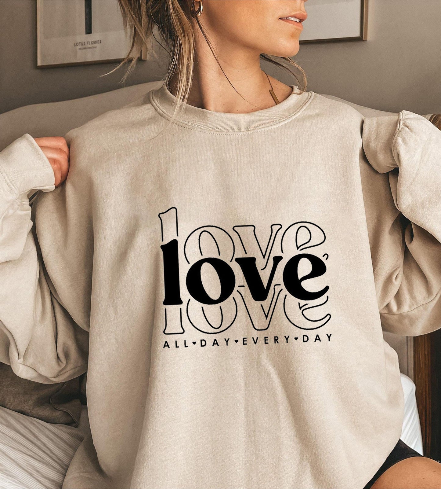 Damen Sweatshirt Voluminöse Ärmel Love-Print Grau Eveloria