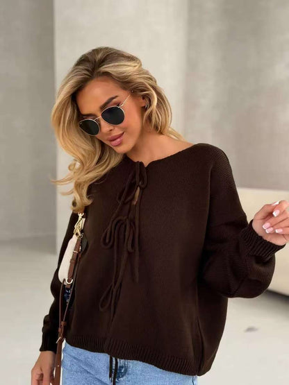 Damen Strickpullover Lässig Dekorative Schnürung Weit Eveloria
