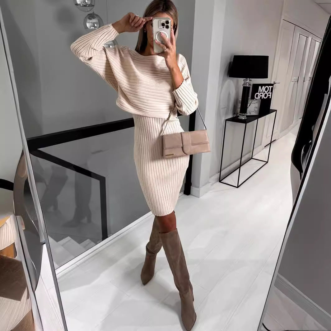 Damen Strickkleid Oversized Rippenmuster Beige