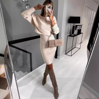 Damen Strickkleid Oversized Rippenmuster Beige
