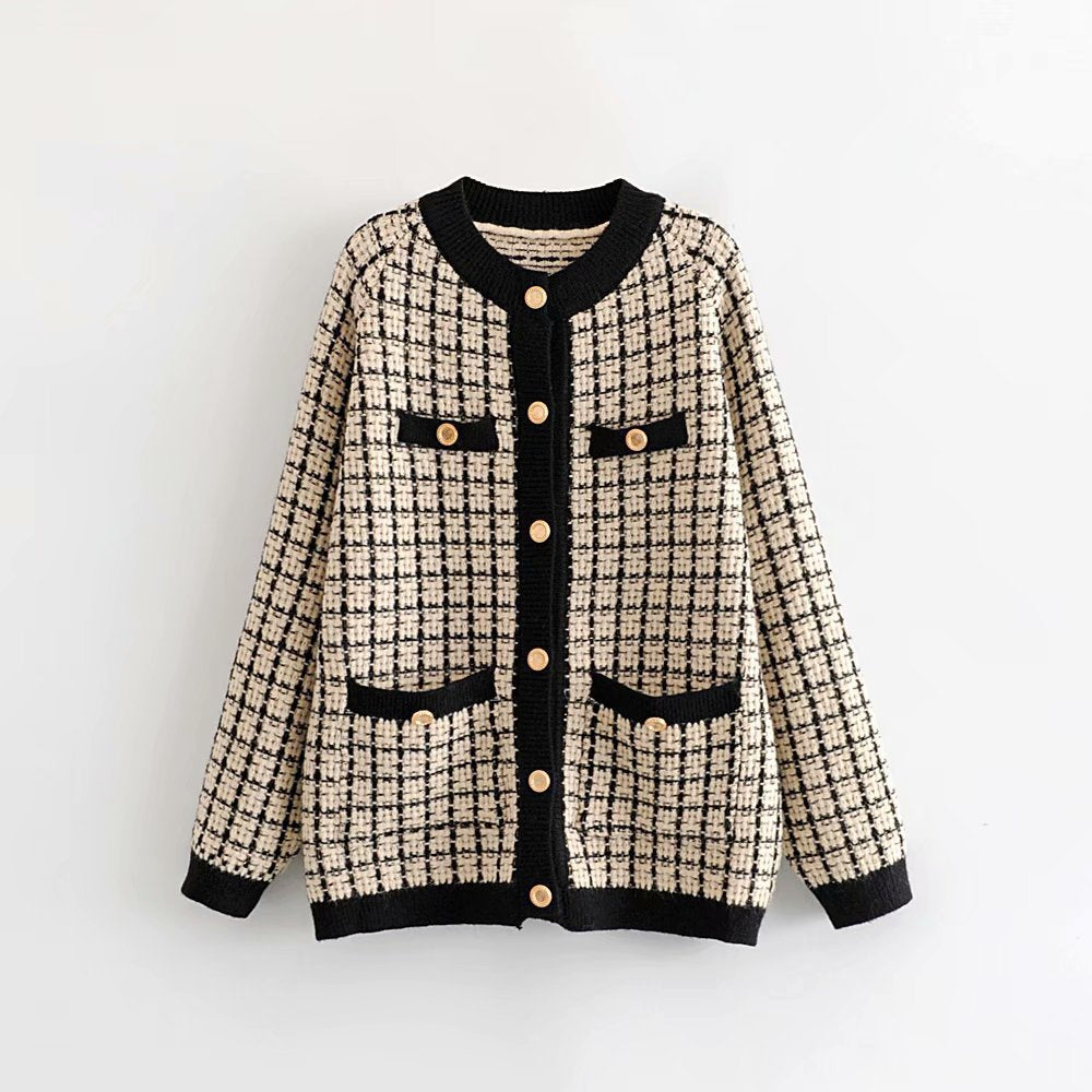 Damen Strickjacke Karomuster Dekorative Knöpfe - Eveloria