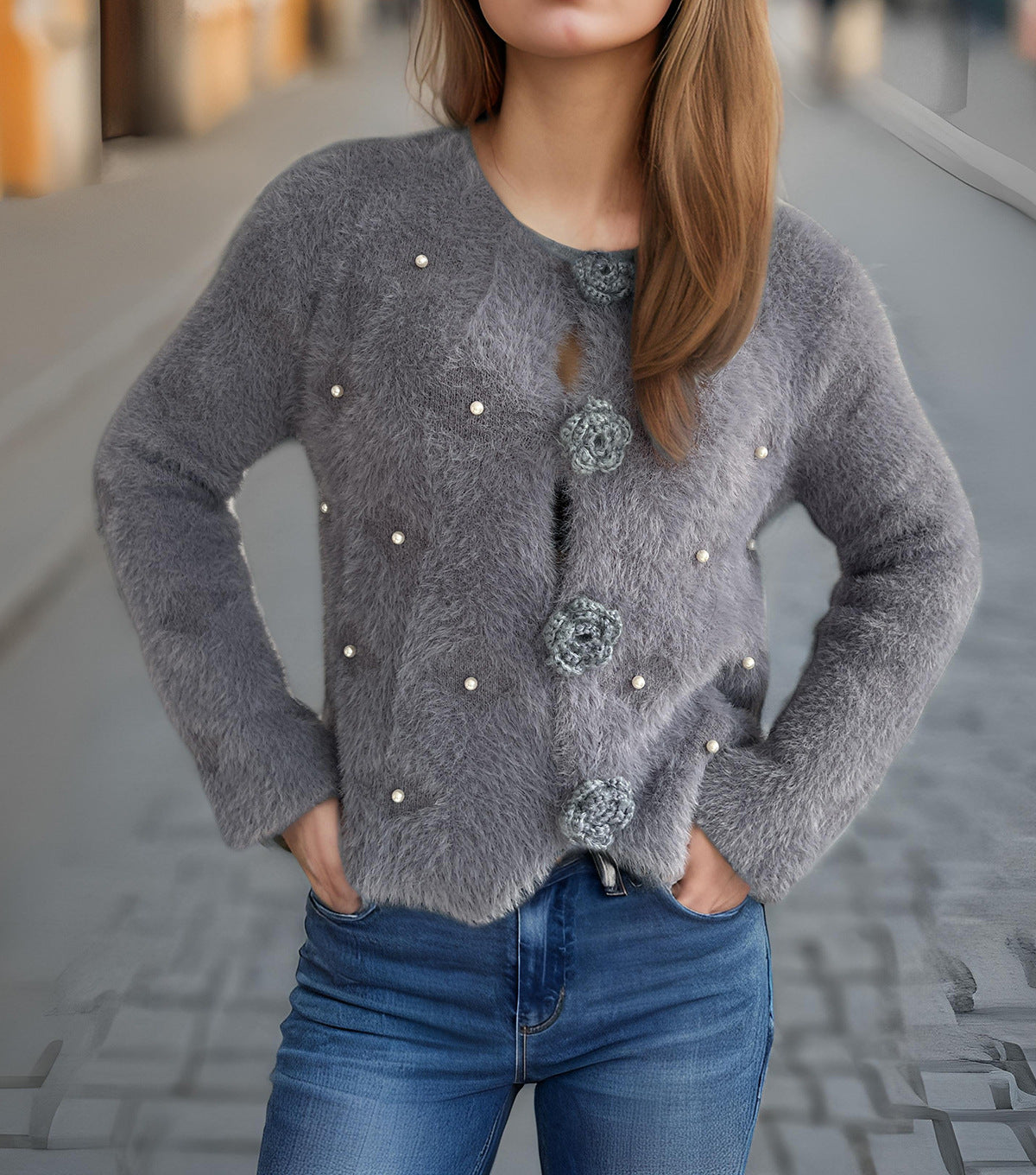 Damen Strickjacke Blumenapplikationen Perlenakzente Eveloria