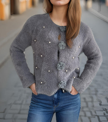 Damen Strickjacke Blumenapplikationen Perlenakzente Eveloria