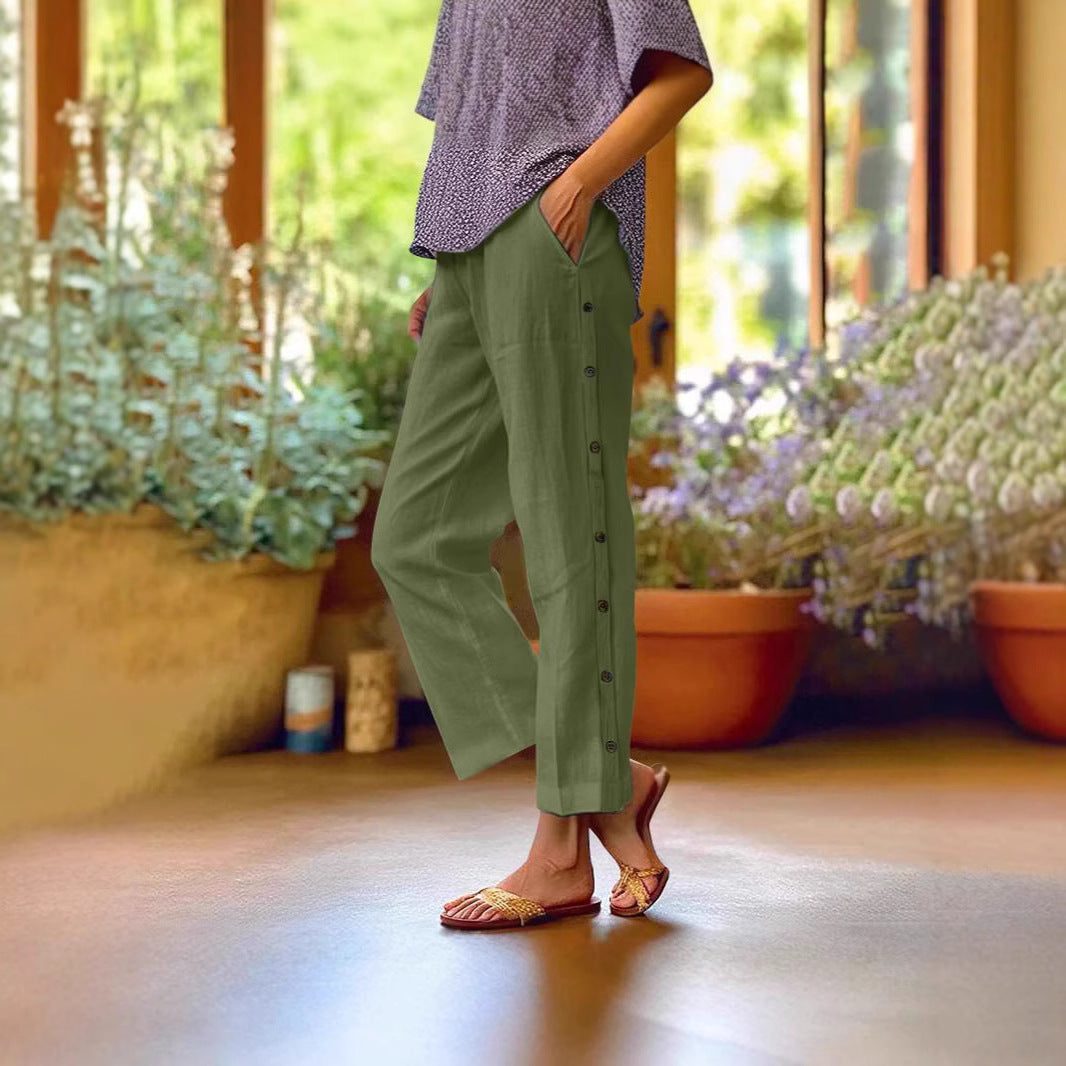 Damen Leinenhose Bequem Knöpfe Anthrazit