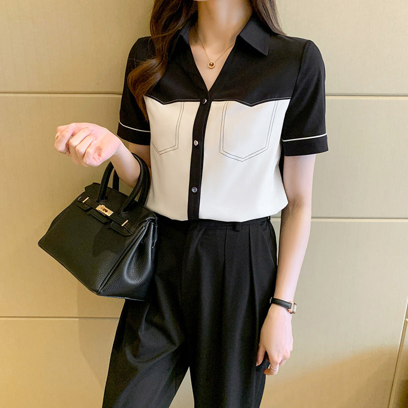 Damen Bluse Kurzarm Kontrasttaschen Modern Elegant