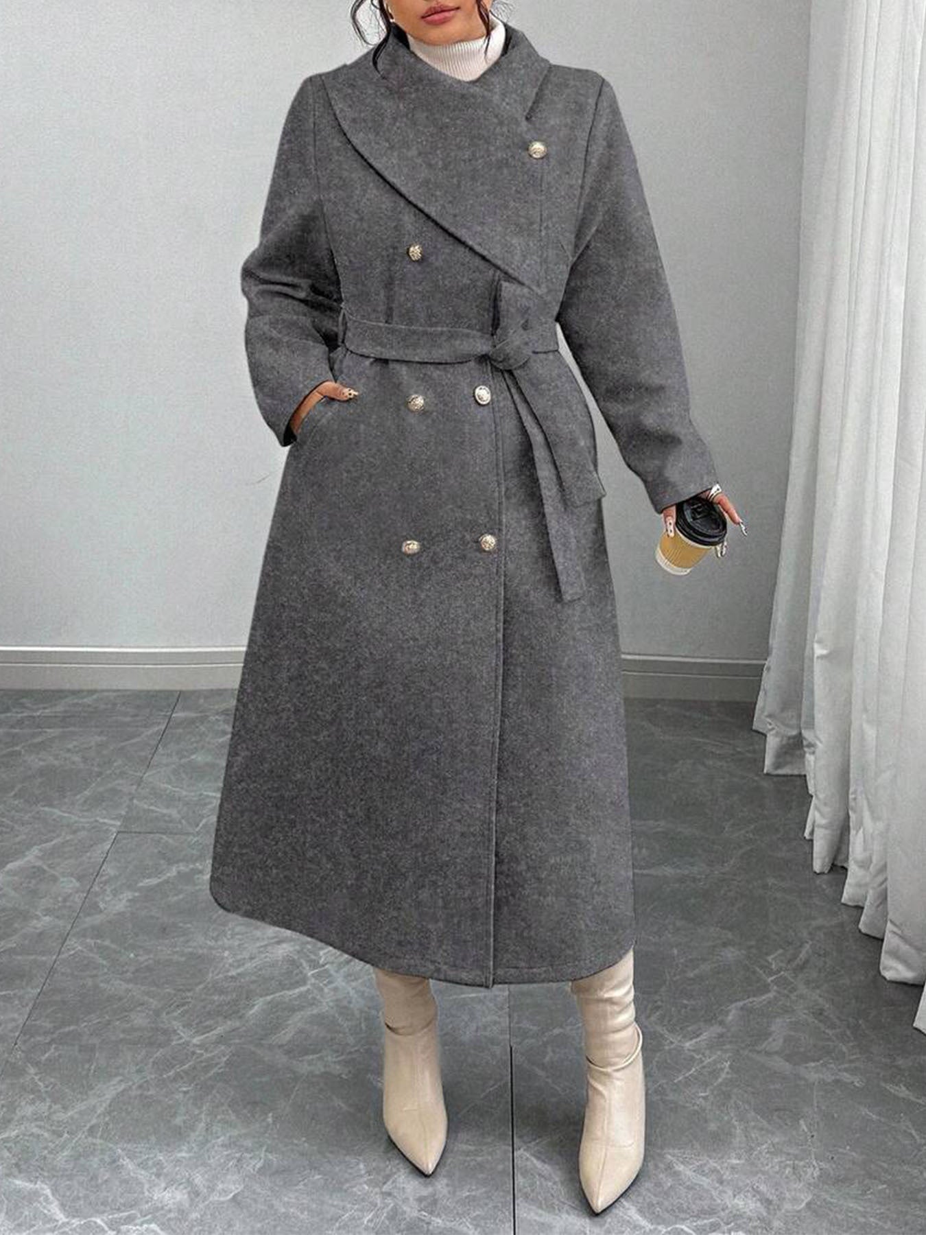 Damen Wollmantel Elegant Doppelter Knopfleiste Gürtel Eveloria