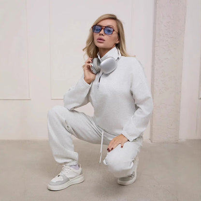 Damen Fleece-Jogginganzug Elastisch Halbzipp Reißverschluss Grau